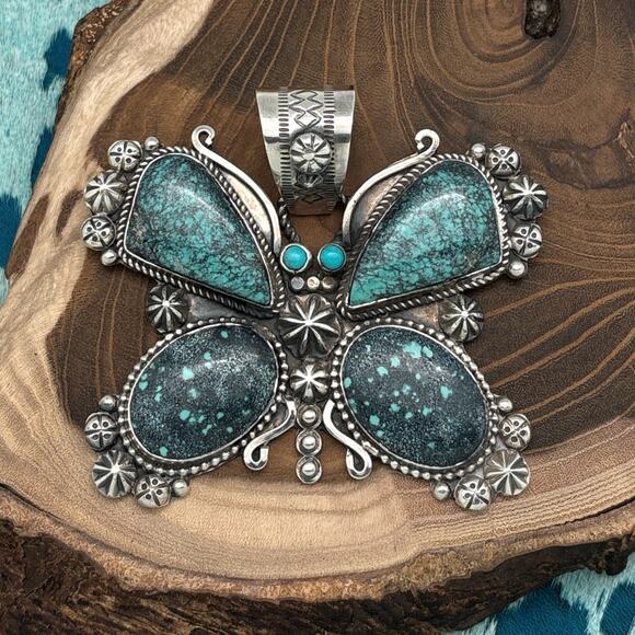 Rosella Paxton Jewelry - ROSELLA PAXTON Navajo Sterling & Moody Blue Hubei Turquoise Butterfly Pendant
